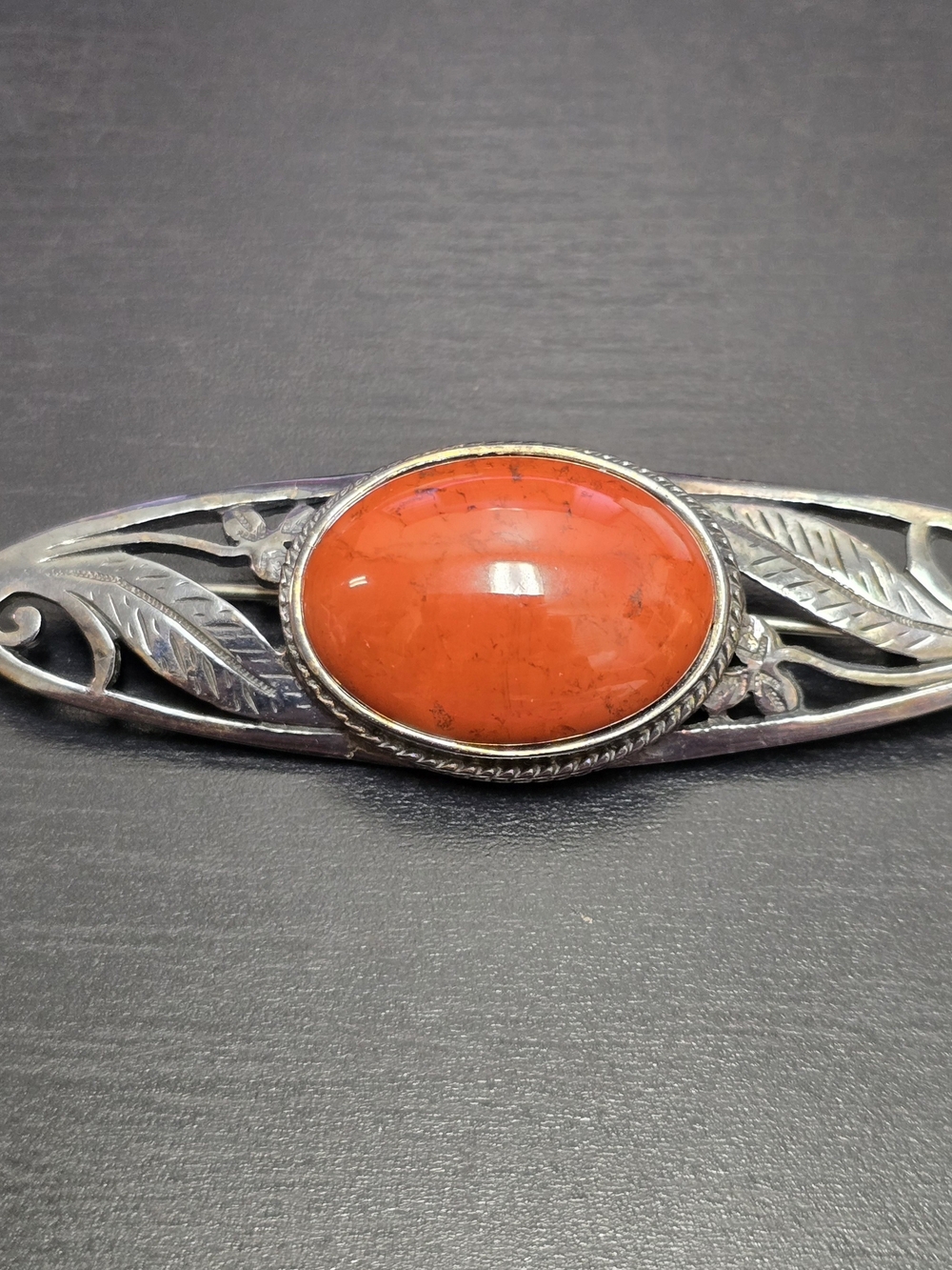 Sterling Silver Stone Cabochon Brooch Orange Art Nouveau Style